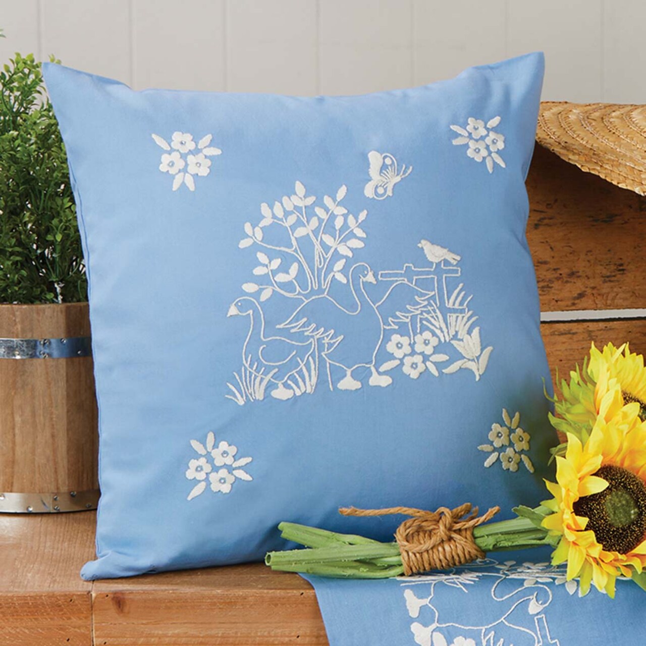 Herrschners Geese on Blue Pillow Cover Stamped Embroidery Kit